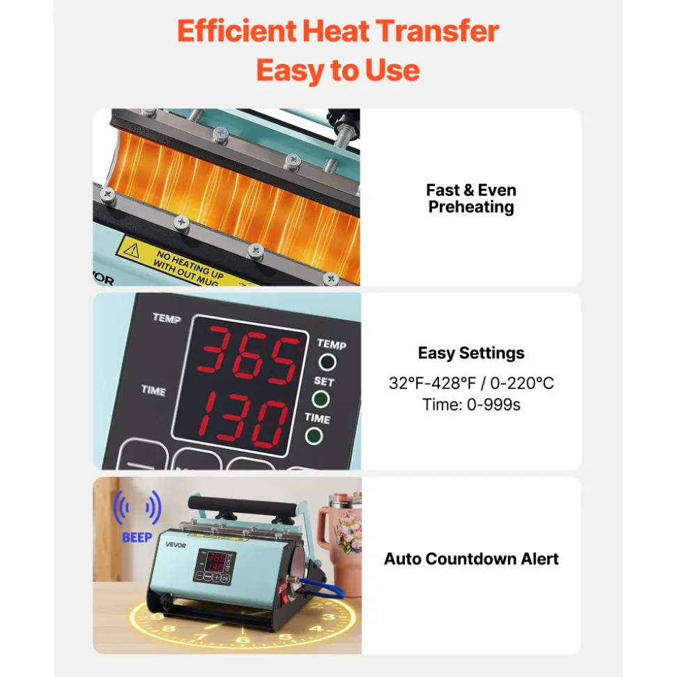 VEVOR Tumbler Heat Press Machine, 11-30 oz Mug Press, Fast and Even Heating, with Tape and Gloves, Easy Temp and Time Setting, Heat Transfer for Sublimation Tumblers, Cups, Mugs, Black and Green