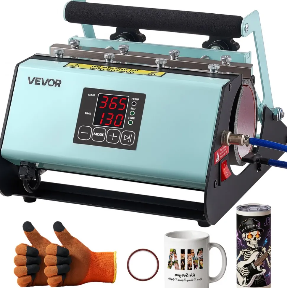 VEVOR Tumbler Heat Press Machine, 11-30 oz Mug Press, Fast and Even Heating, with Tape and Gloves, Easy Temp and Time Setting, Heat Transfer for Sublimation Tumblers, Cups, Mugs, Black and Green