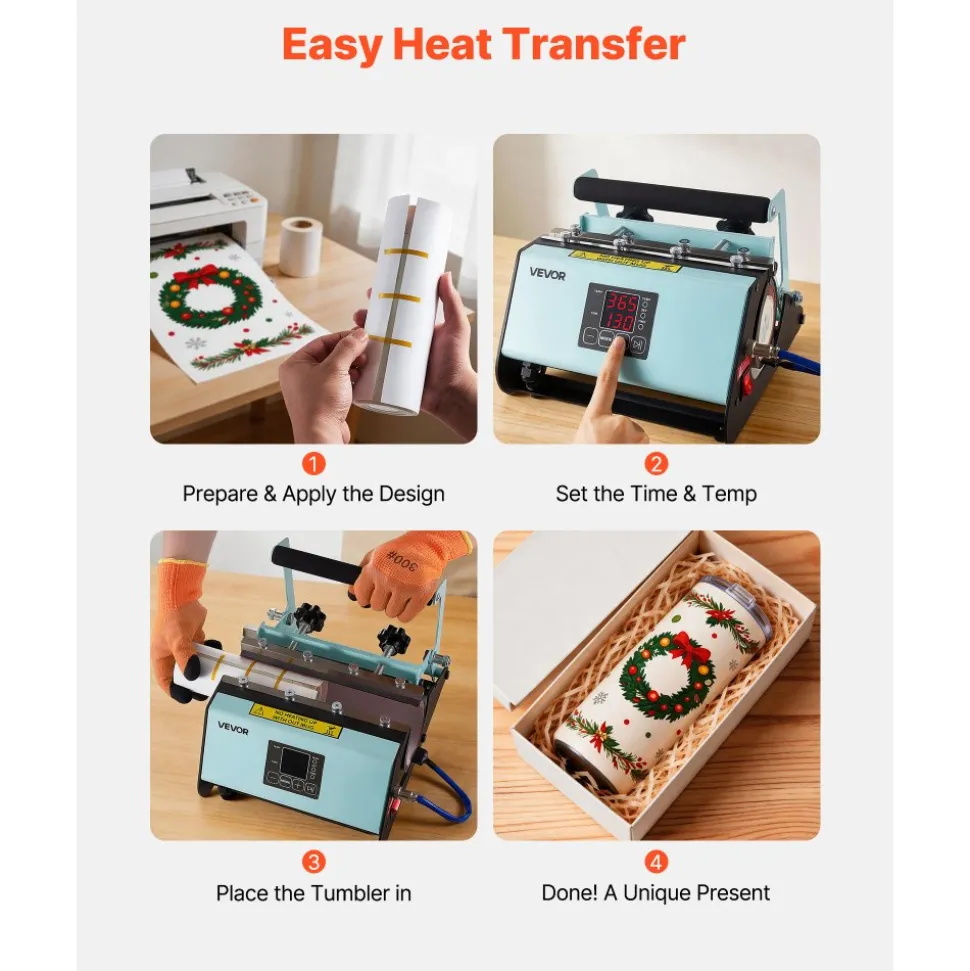 VEVOR Tumbler Heat Press Machine, 11-30 oz Mug Press, Fast and Even Heating, with Tape and Gloves, Easy Temp and Time Setting, Heat Transfer for Sublimation Tumblers, Cups, Mugs, Black and Green