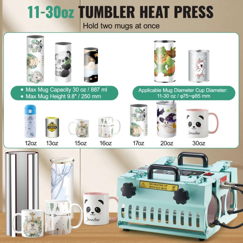 VEVOR Tumbler Heat Press Machine, 2 Station Heaters, 11-30oz Mug Press, Heat Up Fast and Even, Tumbler Press with Dual Independent Display Screens, for Sublimation Tumblers, Cups, and Mugs