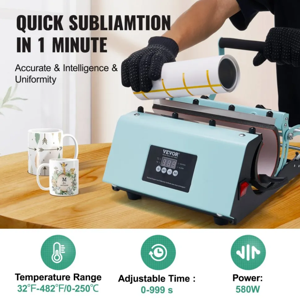 VEVOR Tumbler Heat Press Machine, 11-30oz Mug Press, Heat Up Fast and Even, Tumbler Press with Sublimation Paper, Tape and Gloves, Temp and Time Setting, for Sublimation Tumblers, Cups, Mugs, Green