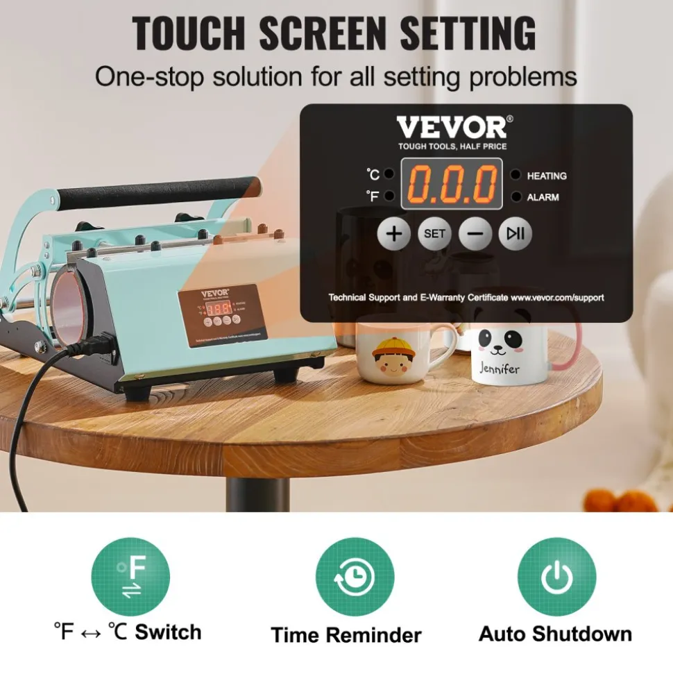 VEVOR Tumbler Heat Press Machine, 11-30oz Mug Press, Heat Up Fast and Even, Tumbler Press with Sublimation Paper, Tape and Gloves, Temp and Time Setting, for Sublimation Tumblers, Cups, Mugs, Green