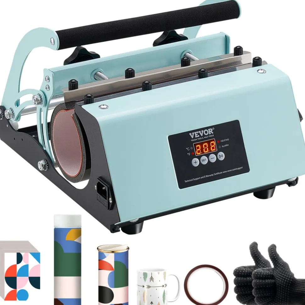 VEVOR Tumbler Heat Press Machine, 11-30oz Mug Press, Heat Up Fast and Even, Tumbler Press with Sublimation Paper, Tape and Gloves, Temp and Time Setting, for Sublimation Tumblers, Cups, Mugs, Green