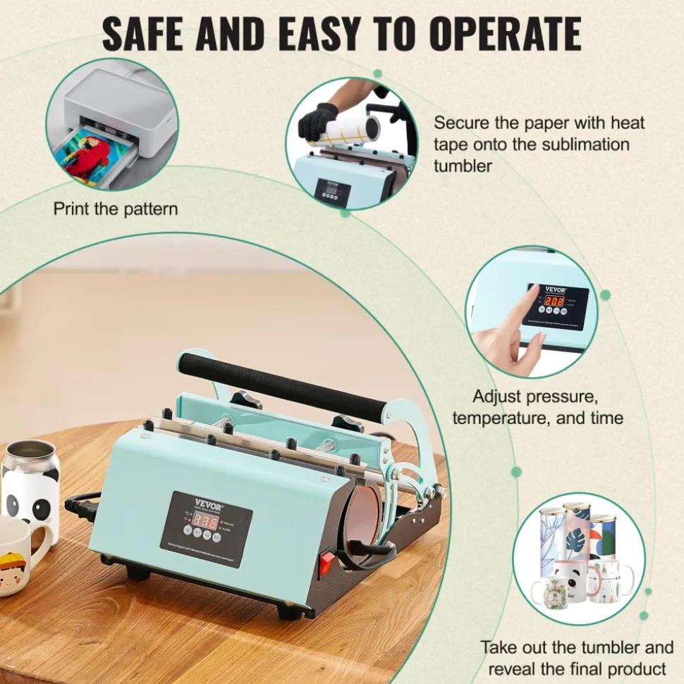 VEVOR Tumbler Heat Press Machine, 11-30oz Mug Press, Heat Up Fast and Even, Tumbler Press with Sublimation Paper, Tape and Gloves, Temp and Time Setting, for Sublimation Tumblers, Cups, Mugs, Green