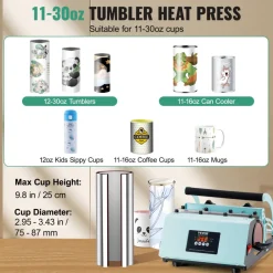 VEVOR Tumbler Heat Press Machine, 11-30oz Mug Press, Heat Up Fast and Even, Tumbler Press with Sublimation Paper, Tape and Gloves, Temp and Time Setting, for Sublimation Tumblers, Cups, Mugs, Green