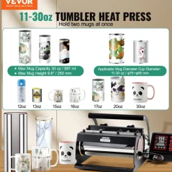VEVOR Tumbler Heat Press Machine, 11-30oz Mug Press, Heat Up Fast and Even, Tumbler Press with Sublimation Paper, Tape and Gloves, Temp and Time Setting, for Sublimation Tumblers, Cups, Mugs, Black