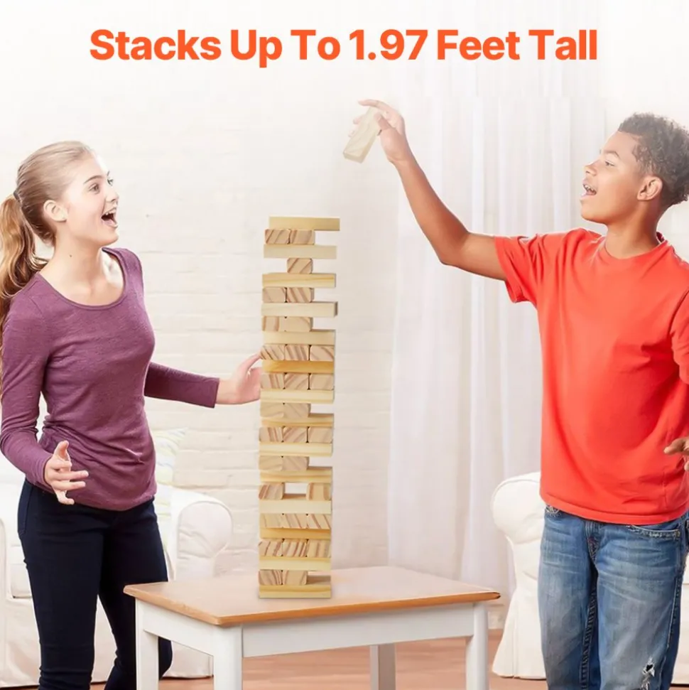 VEVOR Tumbling Timber Toy, 54 Blocks Tumble Tower Blocks Game, Pine Wood Tumbling Tower Game with Storage Crate, Multiple Ways to Play Wooden Stacking Game, Tumble Tower Family Game for Indoor/Outdoor