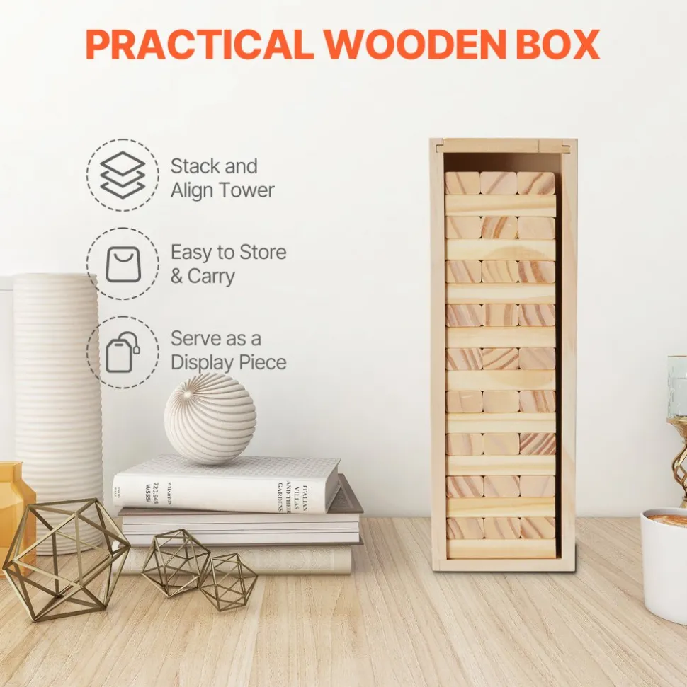 VEVOR Tumbling Timber Toy, 54 Blocks Tumble Tower Blocks Game, Pine Wood Tumbling Tower Game with Storage Crate, Multiple Ways to Play Wooden Stacking Game, Tumble Tower Family Game for Indoor/Outdoor