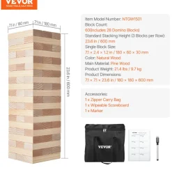 VEVOR Tumbling Timber Toy, 60 Blocks Giant Tumble Tower Blocks Game, Pine Wood Tumbling Tower Game with Carry Bag and Scoreboard, Wooden Stacking Game, Tumble Tower Family Games for Indoor/Outdoor