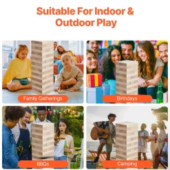 VEVOR Tumbling Timber Toy, 60 Blocks Giant Tumble Tower Blocks Game, Pine Wood Tumbling Tower Game with Storage Crate and Scoreboard, Wooden Stacking Game, Tumble Tower Family Games for Indoor/Outdoor
