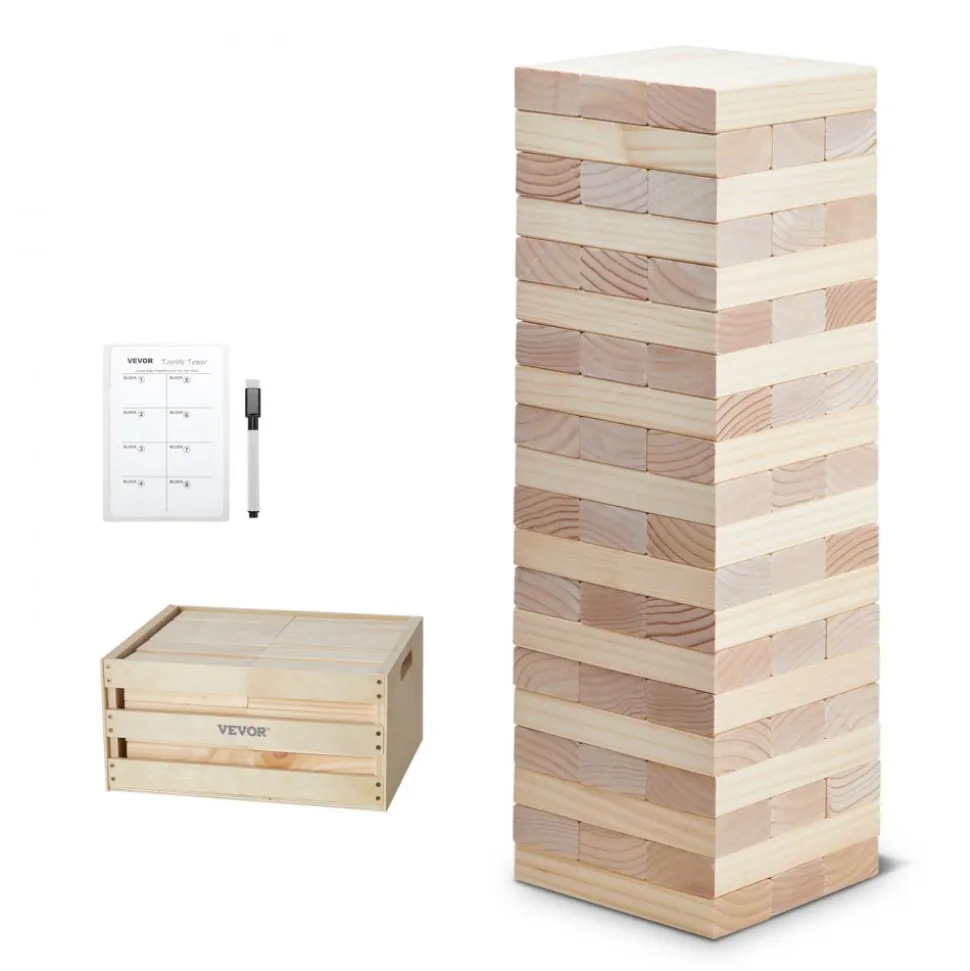VEVOR Tumbling Timber Toy, 60 Blocks Giant Tumble Tower Blocks Game, Pine Wood Tumbling Tower Game with Storage Crate and Scoreboard, Wooden Stacking Game, Tumble Tower Family Games for Indoor/Outdoor