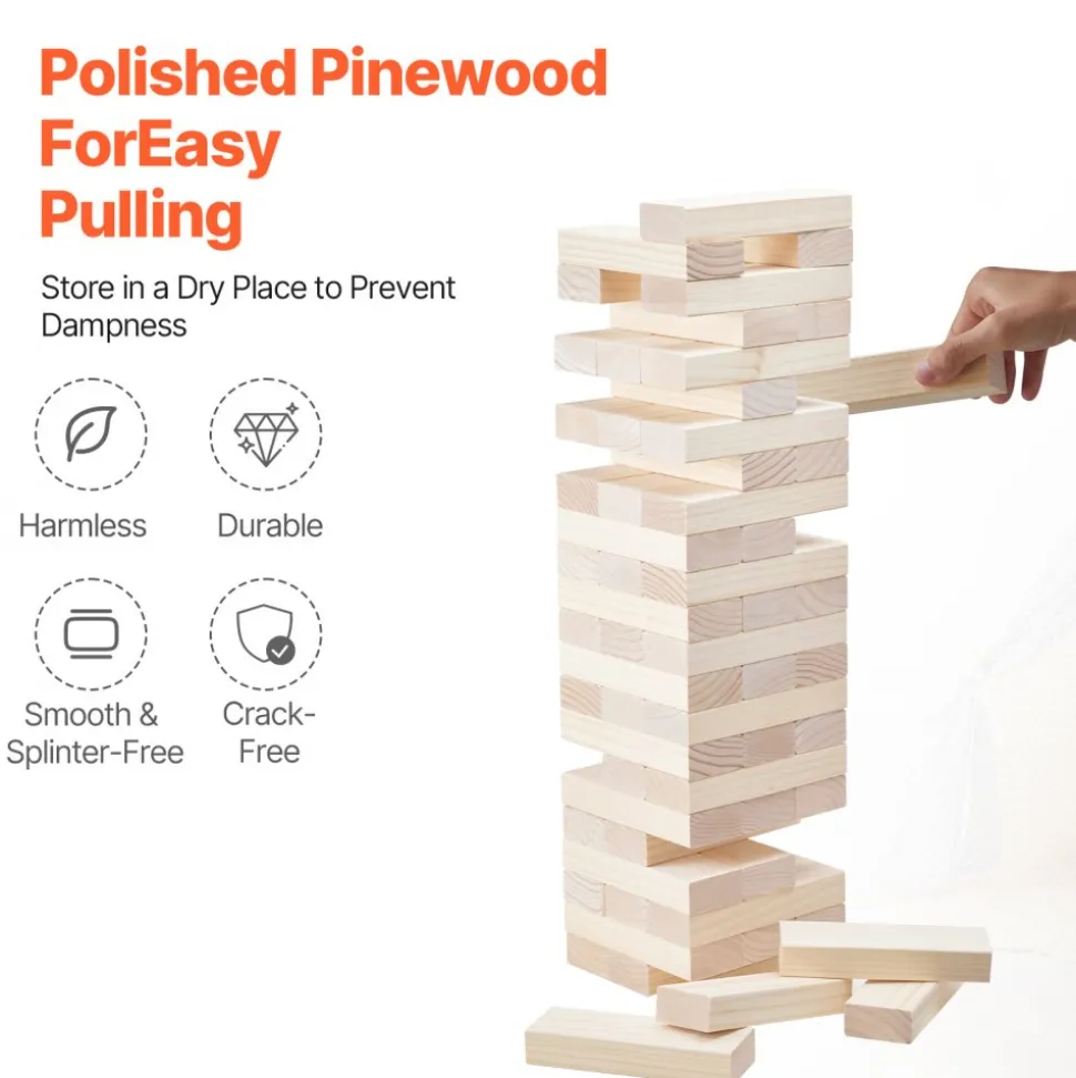 VEVOR Tumbling Timber Toy, 60 Blocks Giant Tumble Tower Blocks Game, Pine Wood Tumbling Tower Game with Storage Crate and Scoreboard, Wooden Stacking Game, Tumble Tower Family Games for Indoor/Outdoor
