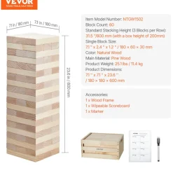 VEVOR Tumbling Timber Toy, 60 Blocks Giant Tumble Tower Blocks Game, Pine Wood Tumbling Tower Game with Storage Crate and Scoreboard, Wooden Stacking Game, Tumble Tower Family Games for Indoor/Outdoor