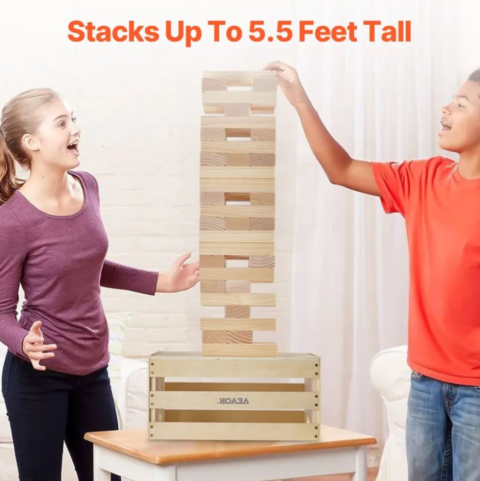 VEVOR Tumbling Timber Toy, 60 Blocks Giant Tumble Tower Blocks Game, Pine Wood Tumbling Tower Game with Storage Crate and Scoreboard, Wooden Stacking Game, Tumble Tower Family Games for Indoor/Outdoor