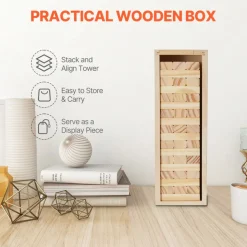 VEVOR Tumbling Timber Toy, 54 Blocks Tumble Tower Blocks Game, Pine Wood Tumbling Tower Game with Storage Crate, Wooden Stacking Game for 1 or More Players, Tumble Tower Family Game for Indoor/Outdoor