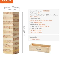 VEVOR Tumbling Timber Toy, 54 Blocks Tumble Tower Blocks Game, Pine Wood Tumbling Tower Game with Storage Crate, Wooden Stacking Game for 1 or More Players, Tumble Tower Family Game for Indoor/Outdoor