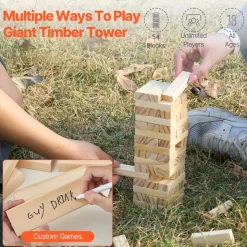 VEVOR Tumbling Timber Toy, 54 Blocks Tumble Tower Blocks Game, Pine Wood Tumbling Tower Game with Storage Crate, Wooden Stacking Game for 1 or More Players, Tumble Tower Family Game for Indoor/Outdoor