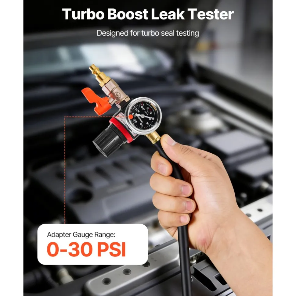 VEVOR Turbo Boost Leak Tester 4", 3" 6061 Aluminum End Cap, 0-30 PSI Adapter Gauge Range, Check Test Intake Charge Pipe Pressure Leaks with 4 Pairs of Air Fittings for Turbo Cars, SUVs, Diesel Trucks