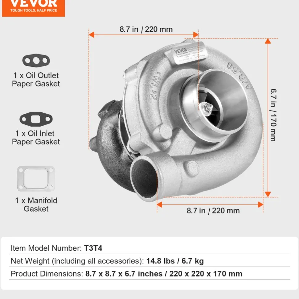 VEVOR Turbo Turbocharger with Gasket Kit, Turbo Charger Replacement for Car Engines, Compatible with 1.5L-4.0L Engine Displacements, Heat Resistance Engine Turbocharger with K418 Alloy Impeller