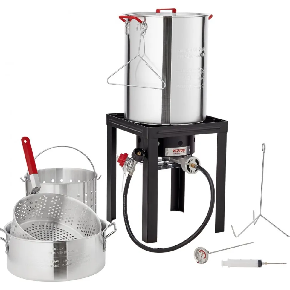 VEVOR Turkey Deep Fryer, 30-qt Turkey & 10-qt Fish Steamer Cooker Set, Outdoor Aluminum Seafood Frying Pot, 54,000 BTU Burner Propane Gas Boiler, Includes Baskets, Perforated Poultry Rack, Thermometer
