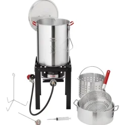 VEVOR Turkey Deep Fryer, 30-qt Turkey & 10-qt Fish Steamer Cooker Set, Outdoor Aluminum Seafood Frying Pot, 54,000 BTU Burner Propane Gas Boiler, Includes Baskets, Perforated Poultry Rack, Thermometer