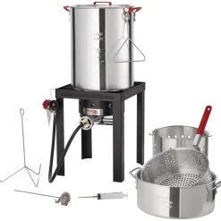 VEVOR Turkey Deep Fryer, 30-qt Turkey & 10-qt Fish Steamer Cooker Set, Outdoor Aluminum Seafood Frying Pot, 54,000 BTU Burner Propane Gas Boiler, Includes Baskets, Perforated Poultry Rack, Thermometer