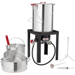 VEVOR Turkey Deep Fryer, 30-qt Turkey & 10-qt Fish Steamer Cooker Set, Outdoor Aluminum Seafood Frying Pot, 54,000 BTU Burner Propane Gas Boiler, Includes Baskets, Perforated Poultry Rack, Thermometer