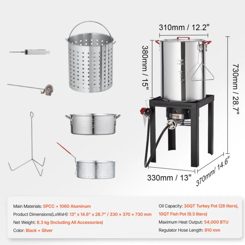 VEVOR Turkey Deep Fryer, 30-qt Turkey & 10-qt Fish Steamer Cooker Set, Outdoor Aluminum Seafood Frying Pot, 54,000 BTU Burner Propane Gas Boiler, Includes Baskets, Perforated Poultry Rack, Thermometer
