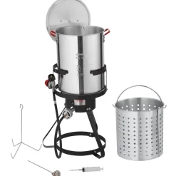 VEVOR Turkey Deep Fryer, 30-qt Turkey Fryer Boiler Steamer Cooker Set, Outdoor Aluminum Seafood Frying Pot, 54,000 BTU Burner Propane Gas Boiler, Includes Basket, Perforated Poultry Rack, Thermometer