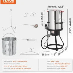 VEVOR Turkey Deep Fryer, 30-qt Turkey Fryer Boiler Steamer Cooker Set, Outdoor Aluminum Seafood Frying Pot, 54,000 BTU Burner Propane Gas Boiler, Includes Basket, Perforated Poultry Rack, Thermometer
