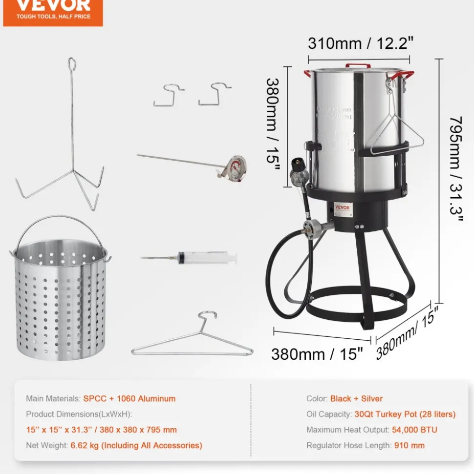 VEVOR Turkey Deep Fryer, 30-qt Turkey Fryer Boiler Steamer Cooker Set, Outdoor Aluminum Seafood Frying Pot, 54,000 BTU Burner Propane Gas Boiler, Includes Basket, Perforated Poultry Rack, Thermometer