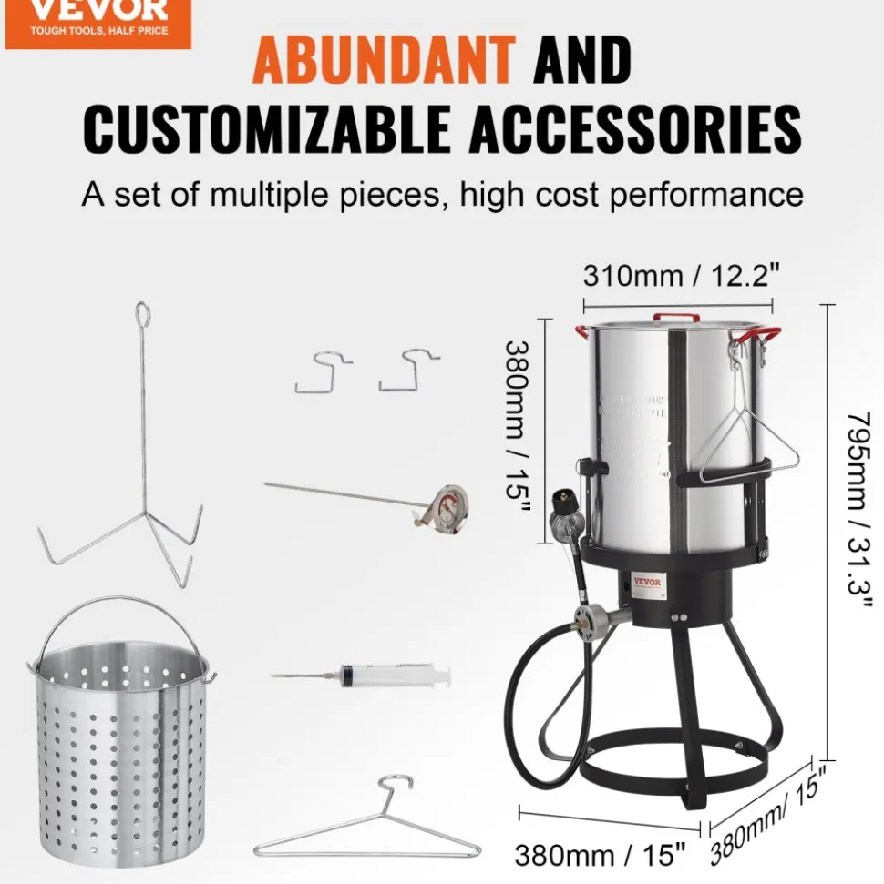 VEVOR Turkey Deep Fryer, 30-qt Turkey Fryer Boiler Steamer Cooker Set, Outdoor Aluminum Seafood Frying Pot, 54,000 BTU Burner Propane Gas Boiler, Includes Basket, Perforated Poultry Rack, Thermometer
