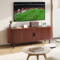 VEVOR TV Stand, Boho Entertainment Center for TVs up to 58 in, 350 lbs Load, TV Media Console Table with Adjustable Storage Shelves & Rolling Door, Television Stand for Living Room, Bedroom, Brown