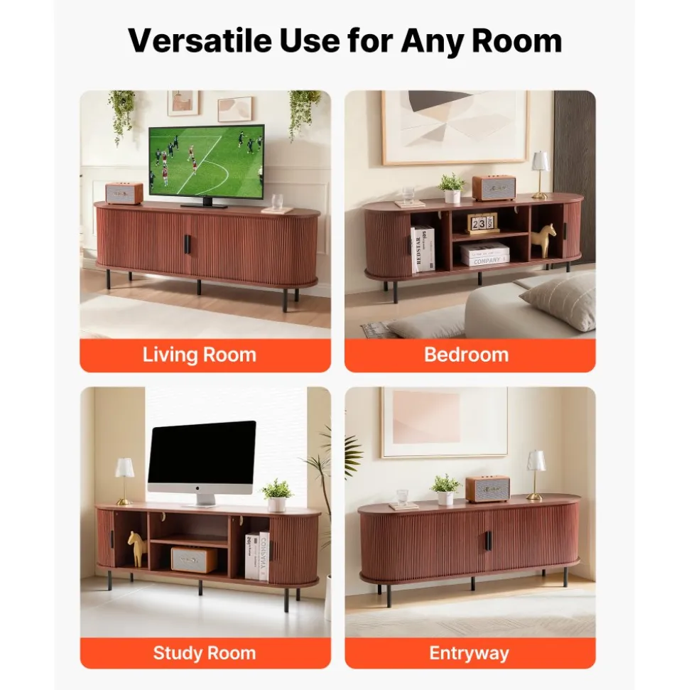 VEVOR TV Stand, Boho Entertainment Center for TVs up to 58 in, 350 lbs Load, TV Media Console Table with Adjustable Storage Shelves & Rolling Door, Television Stand for Living Room, Bedroom, Brown