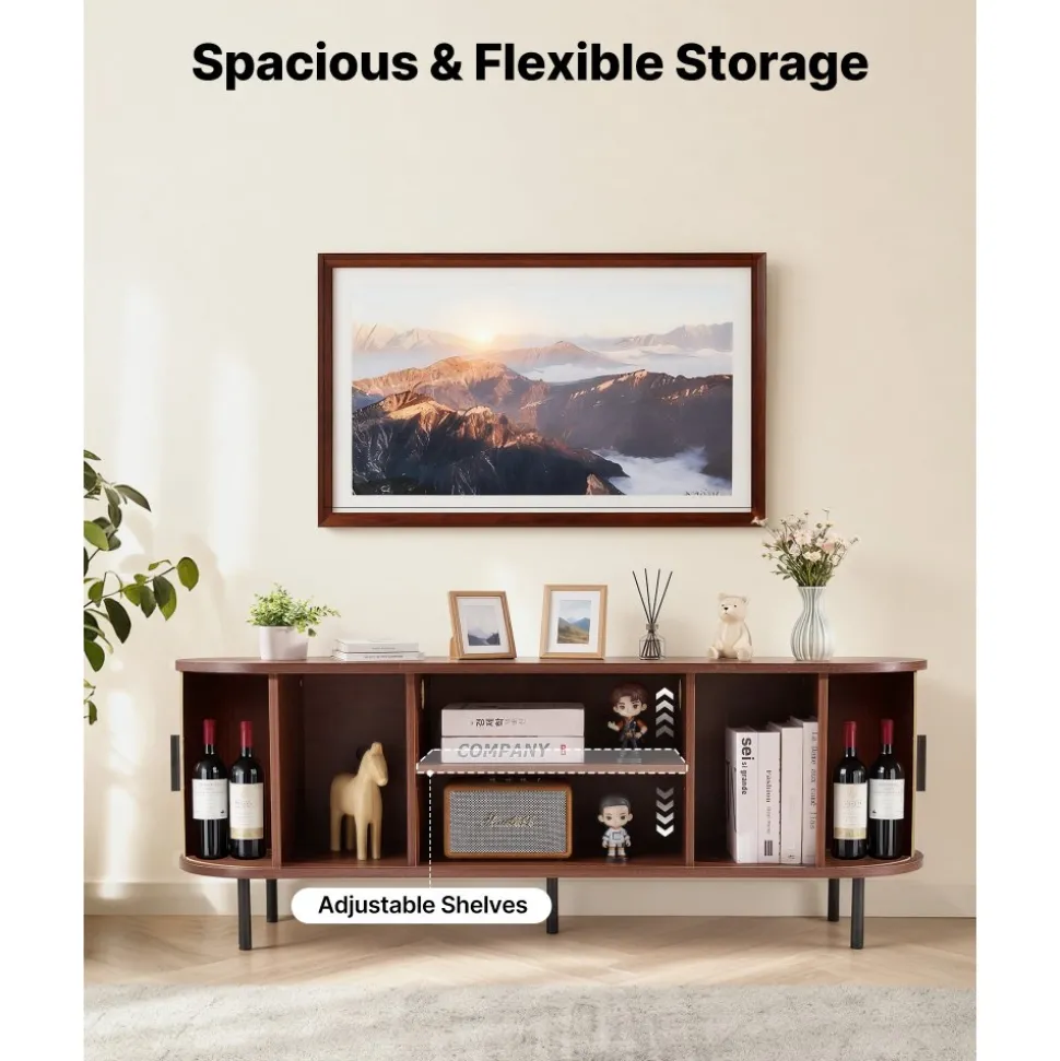 VEVOR TV Stand, Boho Entertainment Center for TVs up to 58 in, 350 lbs Load, TV Media Console Table with Adjustable Storage Shelves & Rolling Door, Television Stand for Living Room, Bedroom, Brown