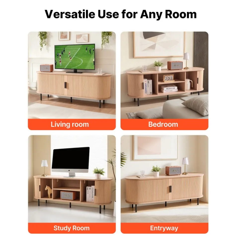 VEVOR TV Stand, Boho Entertainment Center for TVs up to 58 in, 350 lbs Load, TV Media Console Table with Adjustable Storage Shelves and Rolling Door, Television Stand for Living Room, Bedroom, Burlywood