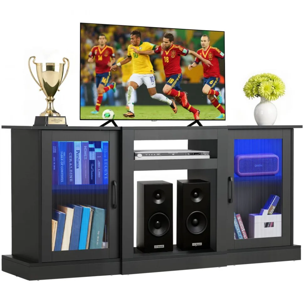 VEVOR TV Stand for TVs up to 65 inch, Modern Entertainment Center with Light Strip, Wooden TV Cabinet Storage with Glass Doors and Adjustable Shelves, Console Table for Living Room and Bedroom, Black