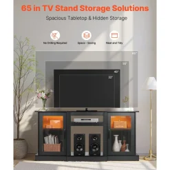 VEVOR TV Stand for TVs up to 65 inch, Modern Entertainment Center with Light Strip, Wooden TV Cabinet Storage with Glass Doors and Adjustable Shelves, Console Table for Living Room and Bedroom, Black
