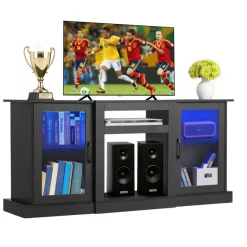 VEVOR TV Stand for TVs up to 65 inch, Modern Entertainment Center with Light Strip, Wooden TV Cabinet Storage with Glass Doors and Adjustable Shelves, Console Table for Living Room and Bedroom, Black