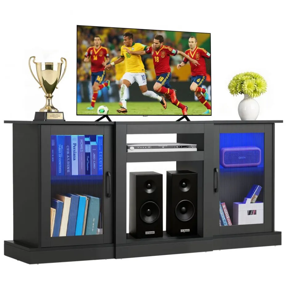 VEVOR TV Stand for TVs up to 65 inch, Modern Entertainment Center with Light Strip, Wooden TV Cabinet Storage with Glass Doors and Adjustable Shelves, Console Table for Living Room and Bedroom, Black