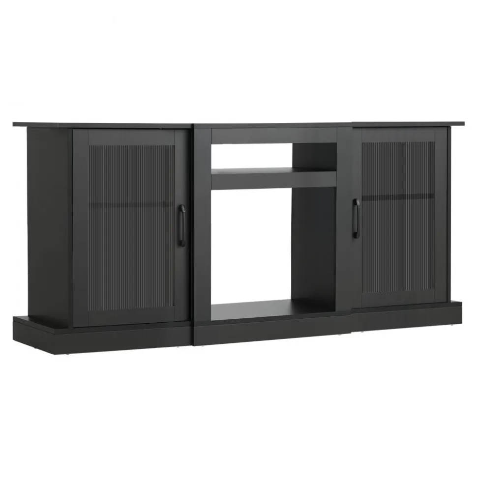 VEVOR TV Stand for TVs up to 65 inch, Modern Entertainment Center with Light Strip, Wooden TV Cabinet Storage with Glass Doors and Adjustable Shelves, Console Table for Living Room and Bedroom, Black
