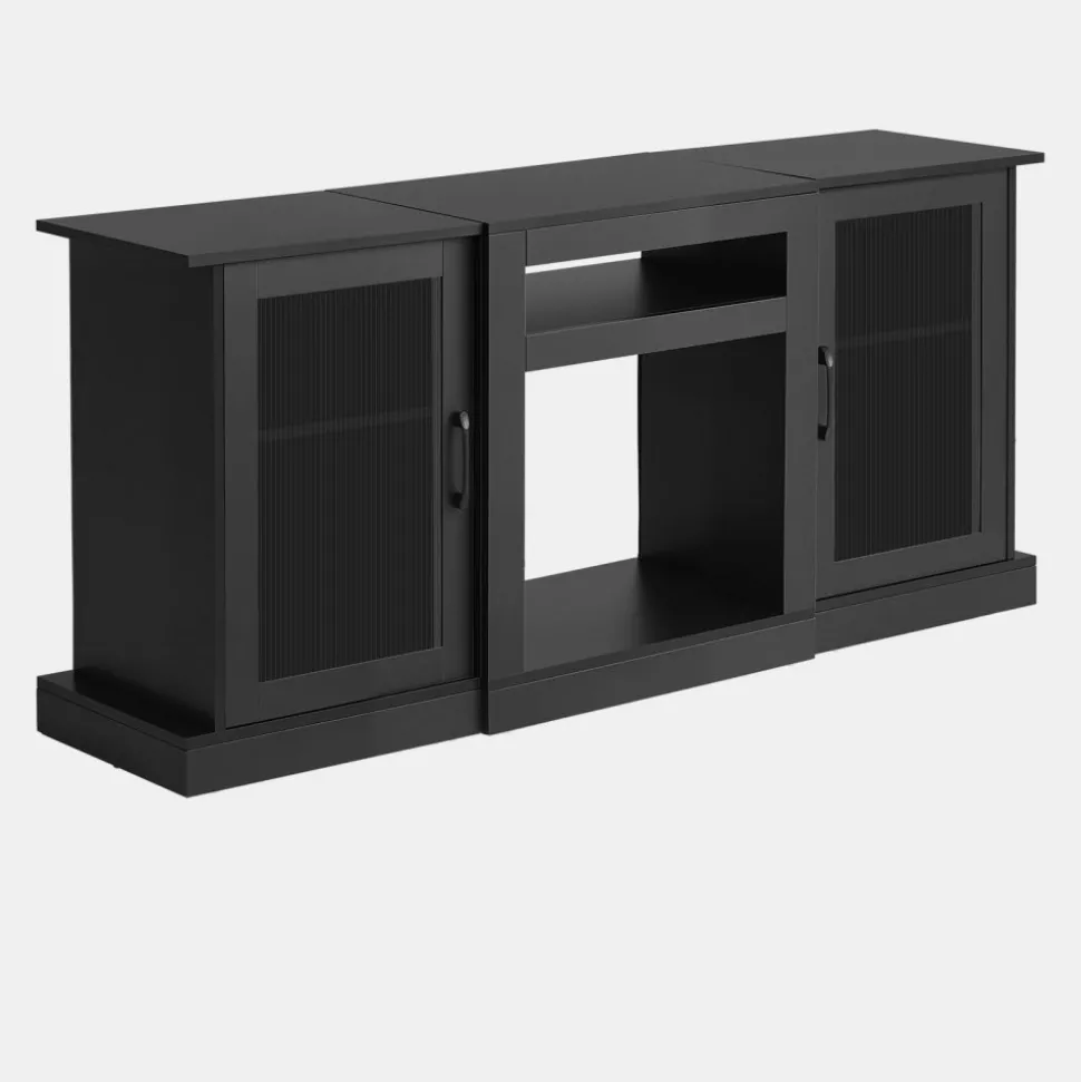 VEVOR TV Stand for TVs up to 65 inch, Modern Entertainment Center with Light Strip, Wooden TV Cabinet Storage with Glass Doors and Adjustable Shelves, Console Table for Living Room and Bedroom, Black