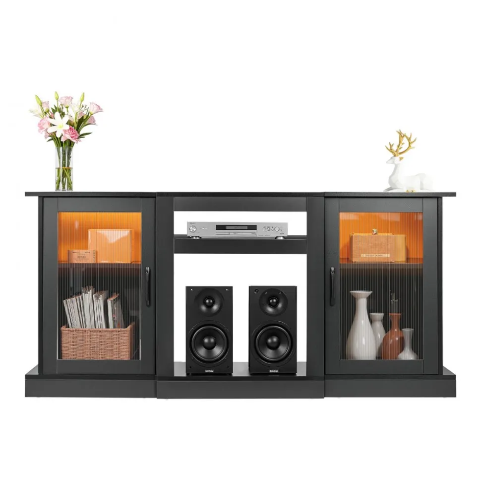VEVOR TV Stand for TVs up to 65 inch, Modern Entertainment Center with Light Strip, Wooden TV Cabinet Storage with Glass Doors and Adjustable Shelves, Console Table for Living Room and Bedroom, Black
