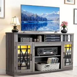 VEVOR TV Stand for TVs up to 65 inch, Farmhouse Entertainment Center with Light Strip, Wooden TV Cabinet Storage with Glass Doors and Adjustable Shelves, Console Table for Living Room, Bedroom, Gray