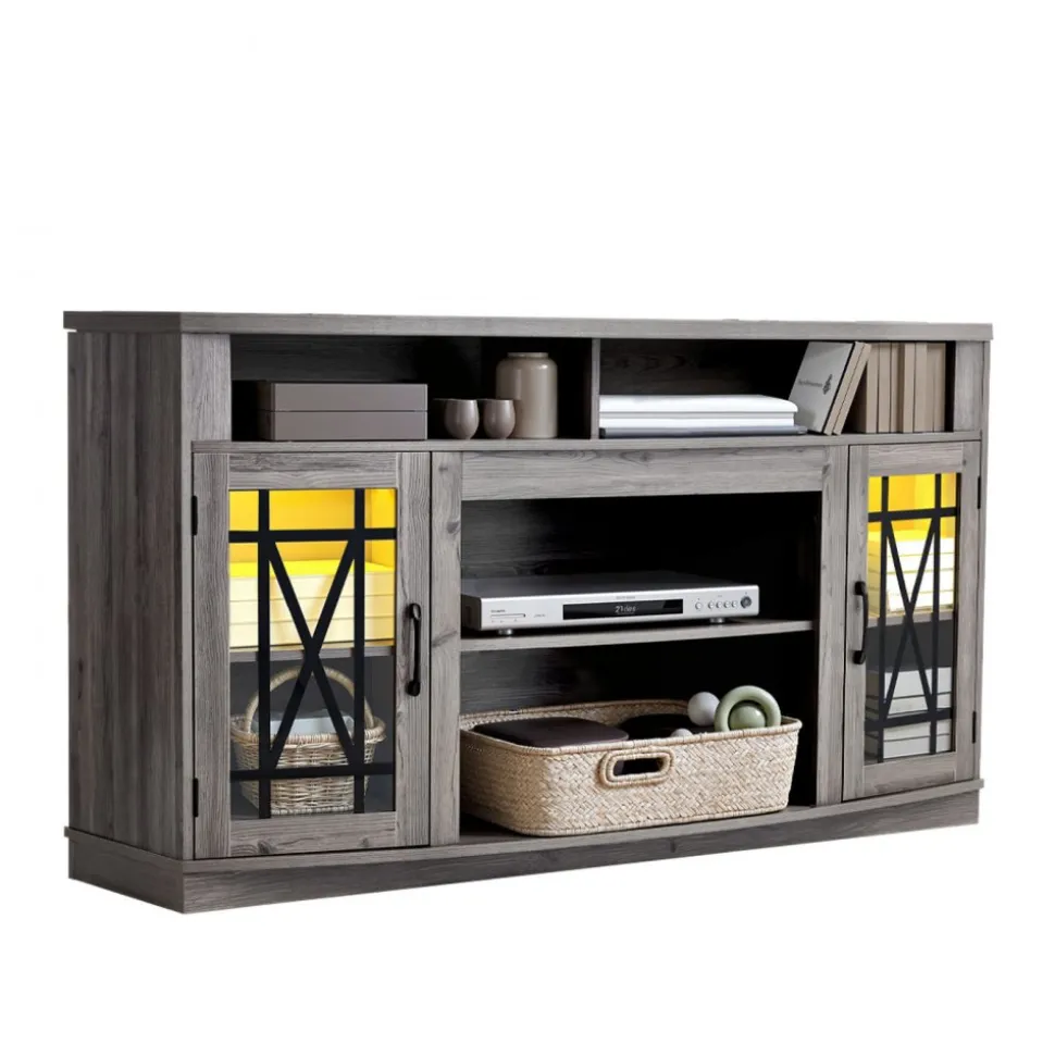 VEVOR TV Stand for TVs up to 65 inch, Modern Entertainment Center with Light Strip, Wooden TV Cabinet Storage with Glass Shelf and Adjustable Shelves, Console Table for Living Room and Bedroom, Black
