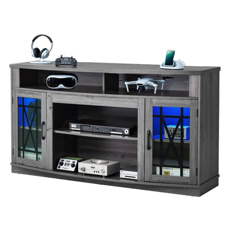 VEVOR TV Stand for TVs up to 65 inch, Modern Entertainment Center with Light Strip, Wooden TV Cabinet Storage with Glass Shelf and Adjustable Shelves, Console Table for Living Room and Bedroom, Black