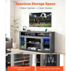 VEVOR TV Stand for TVs up to 65 inch, Modern Entertainment Center with Light Strip, Wooden TV Cabinet Storage with Glass Shelf and Adjustable Shelves, Console Table for Living Room and Bedroom, Black
