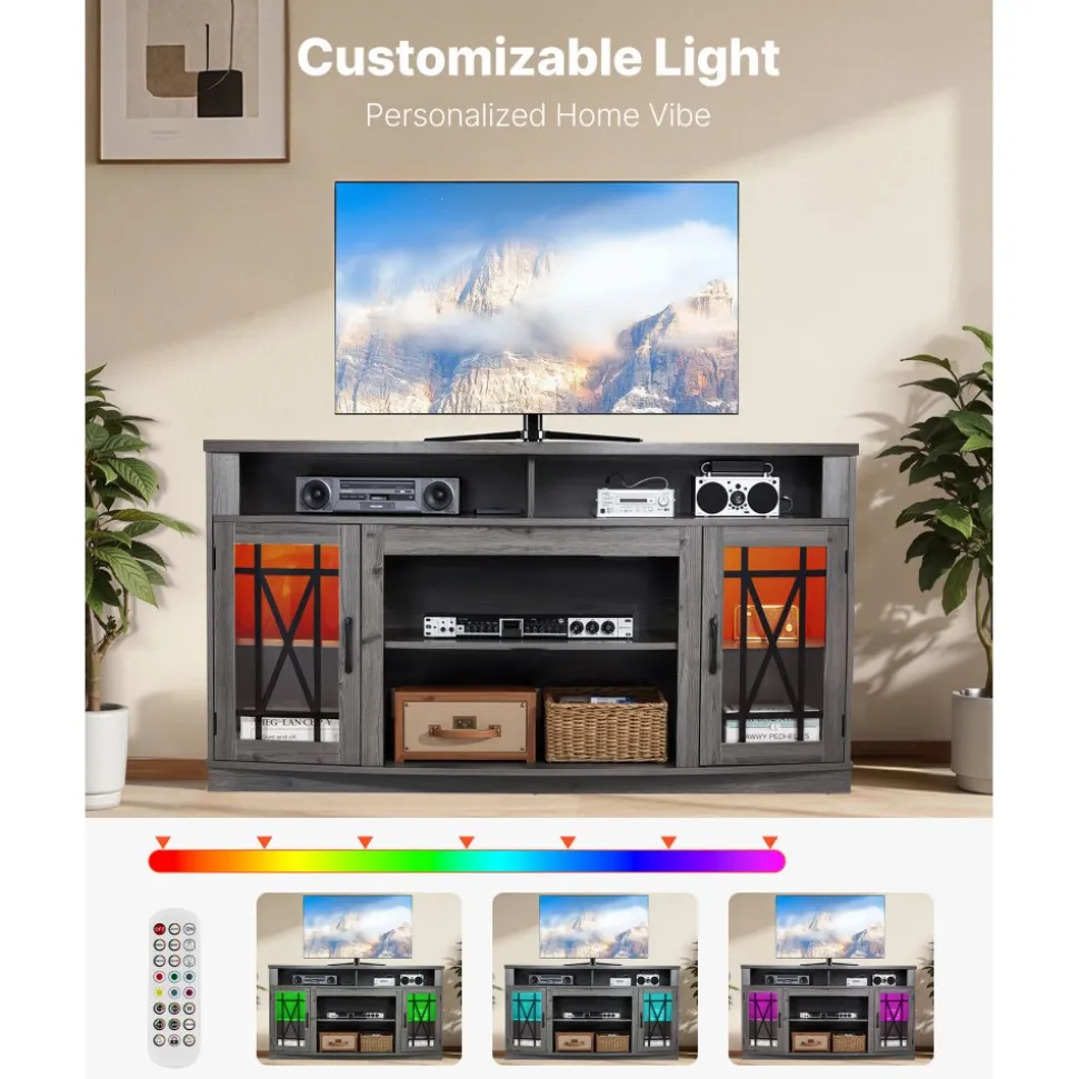VEVOR TV Stand for TVs up to 65 inch, Modern Entertainment Center with Light Strip, Wooden TV Cabinet Storage with Glass Shelf and Adjustable Shelves, Console Table for Living Room and Bedroom, Black