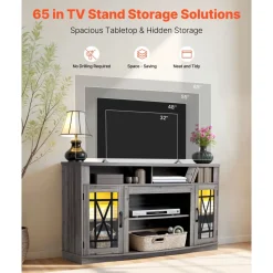 VEVOR TV Stand for TVs up to 65 inch, Modern Entertainment Center with Light Strip, Wooden TV Cabinet Storage with Glass Shelf and Adjustable Shelves, Console Table for Living Room and Bedroom, Black