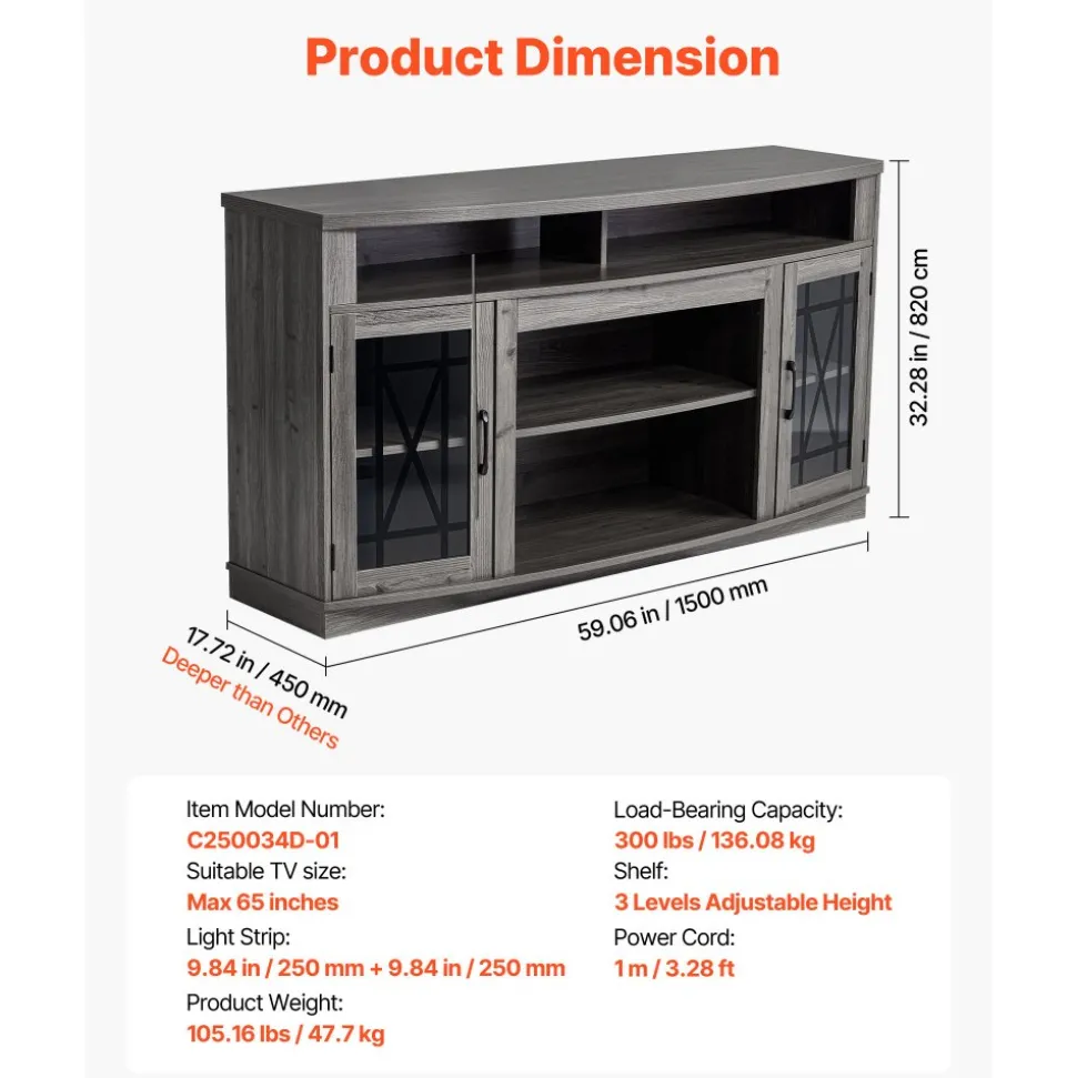 VEVOR TV Stand for TVs up to 65 inch, Modern Entertainment Center with Light Strip, Wooden TV Cabinet Storage with Glass Shelf and Adjustable Shelves, Console Table for Living Room and Bedroom, Black